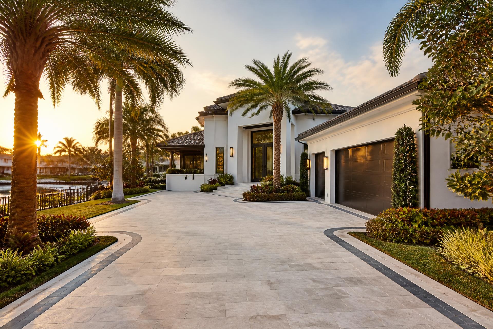 New travertine paver driveway at a South Florida home at golden hour